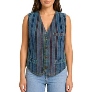 90s Multicolor Stripe Vest Small Denim Boho Indie Button Hippie Western Festival